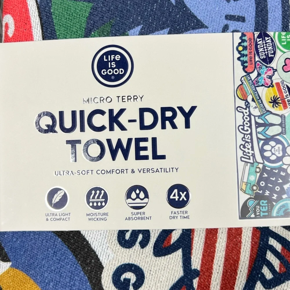 Life Is Good - ‘Fun Logos’ Multicolor Quick-Dry Towel. 72.5 x 30“  NWT Firm!